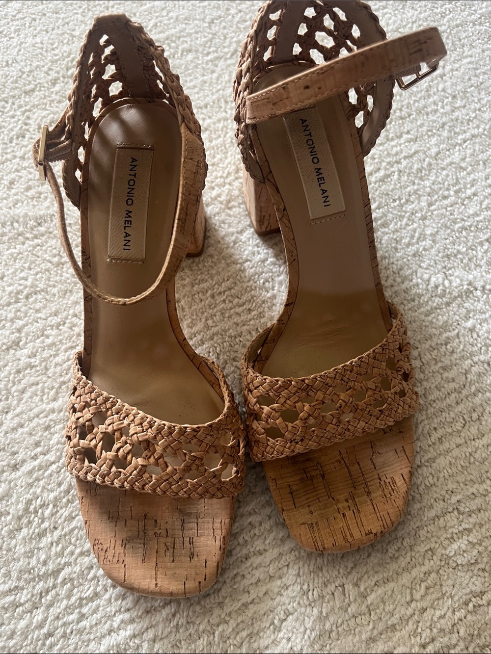 ANTONIO MELANI Woven Tan Cork Block Heel Sandals